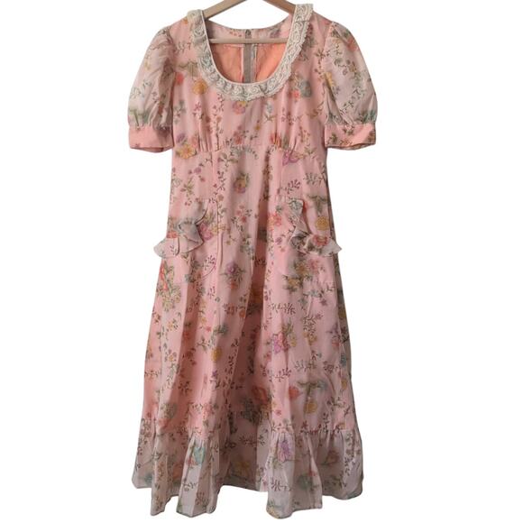 Vintage 50s-60s Empire Waist Dress Lace Pockets Floral Pink Hyper Feminine Girly - Picture 1 of 13